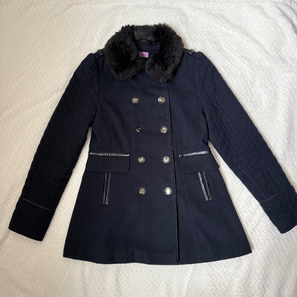 F&F Girls Navy Winter Coat 11/12 YRS, EUC, Faux Fur Collar, Double Breasted